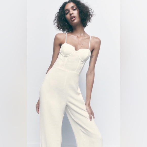 ZARA WIDE LEG PALAZZO CORSETRY INSPIRED JUMPSUIT CORSET LIKE  WHITE XS - Picture 2 of 5